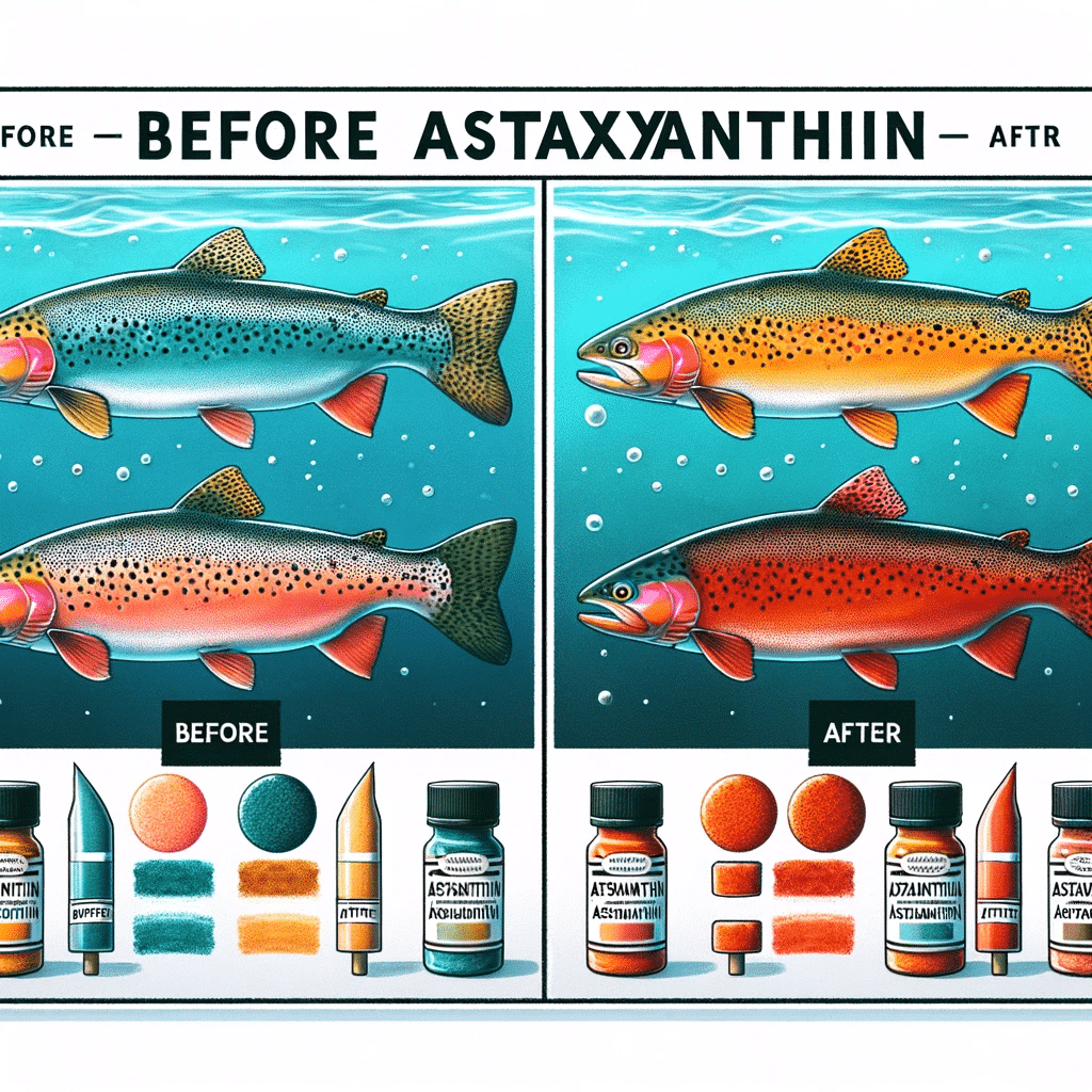 Create an image that illustrates trouts before and after undergoing coloration treatment with astaxanthin. The left side of the image should show trou