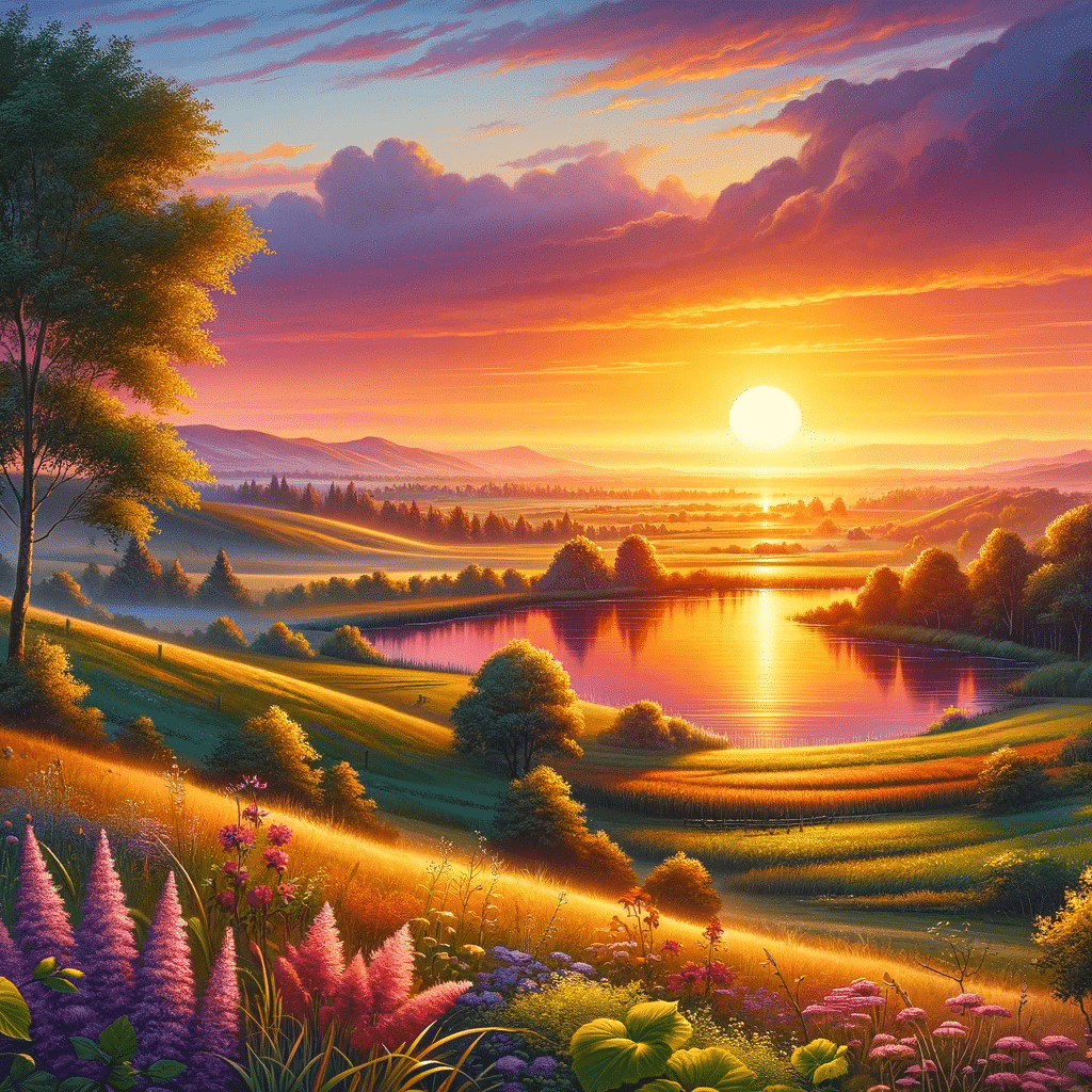 DALL·E 2023 11 16 10.00.11 A beautiful landscape at sunset depicting a serene and picturesque scene. The sun should be low on the horizon casting a warm golden light across th