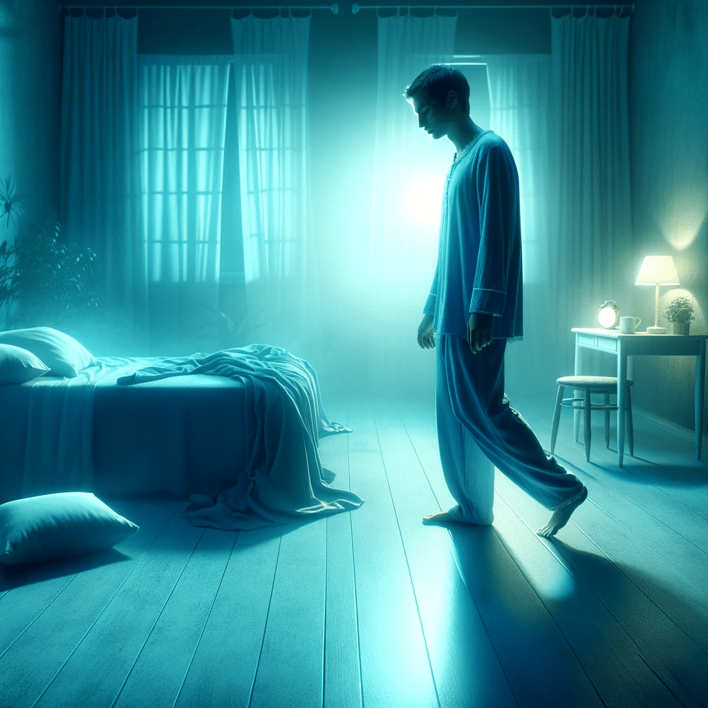 DALL·E 2023 11 19 21.54.20 An image depicting a person sleepwalking in a dimly lit tranquil nighttime setting. The sleepwalker is dressed in comfortable nightwear with subtle