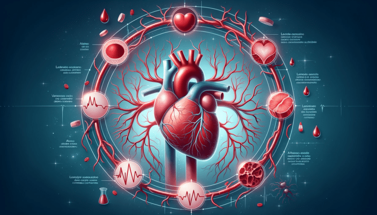 Qual o Impacto da Lipoproteína(a) no Risco Genético de Infarto e Como Prevenir? 8 Desenho do sistema cardiovascular com foco no coração e nos vasos sanguíneos. Setas indicam o fluxo do sangue, e manchas escuras representam o acúmulo.