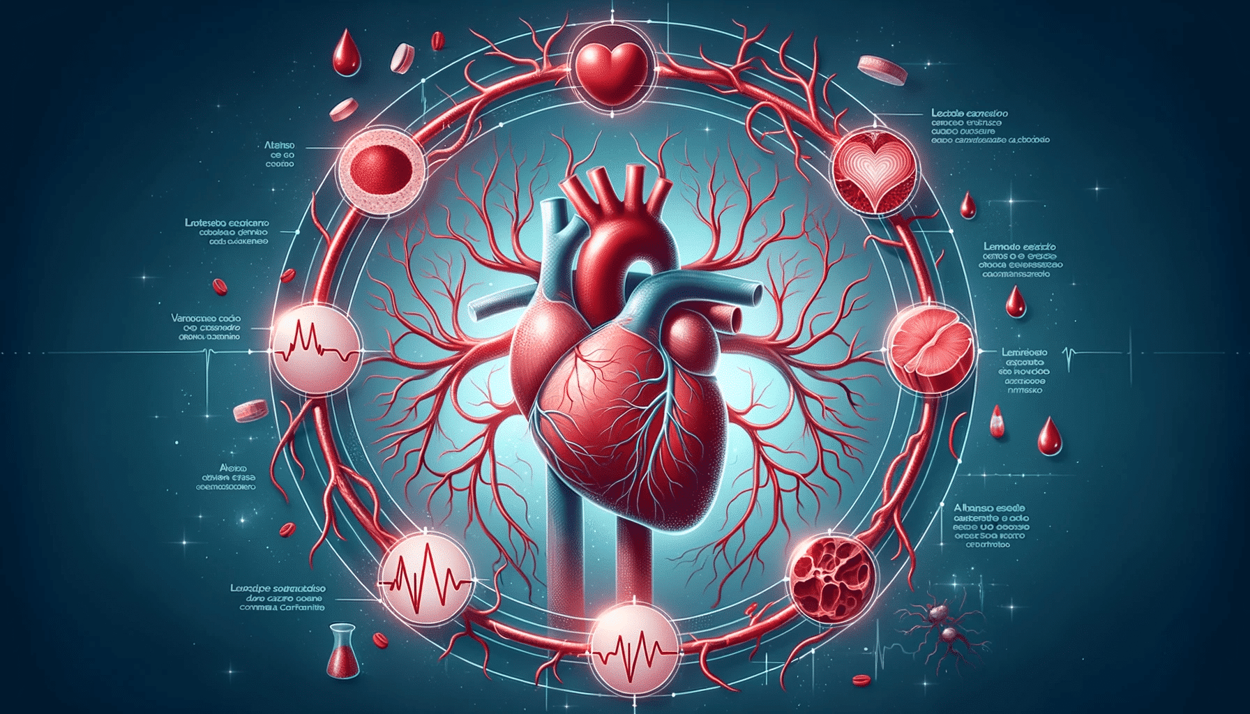 Desenho do sistema cardiovascular com foco no coração e nos vasos sanguíneos. Setas indicam o fluxo do sangue, e manchas escuras representam o acúmulo.