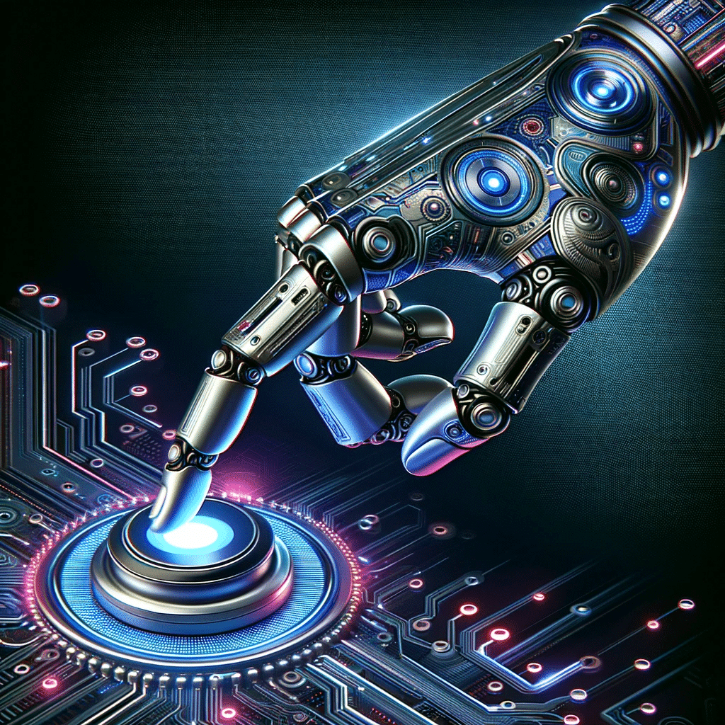 Design a hyper realistic 3D illustration of an AI themed hand pointing to a button. The hand should be designed with mechanical and futuristic element