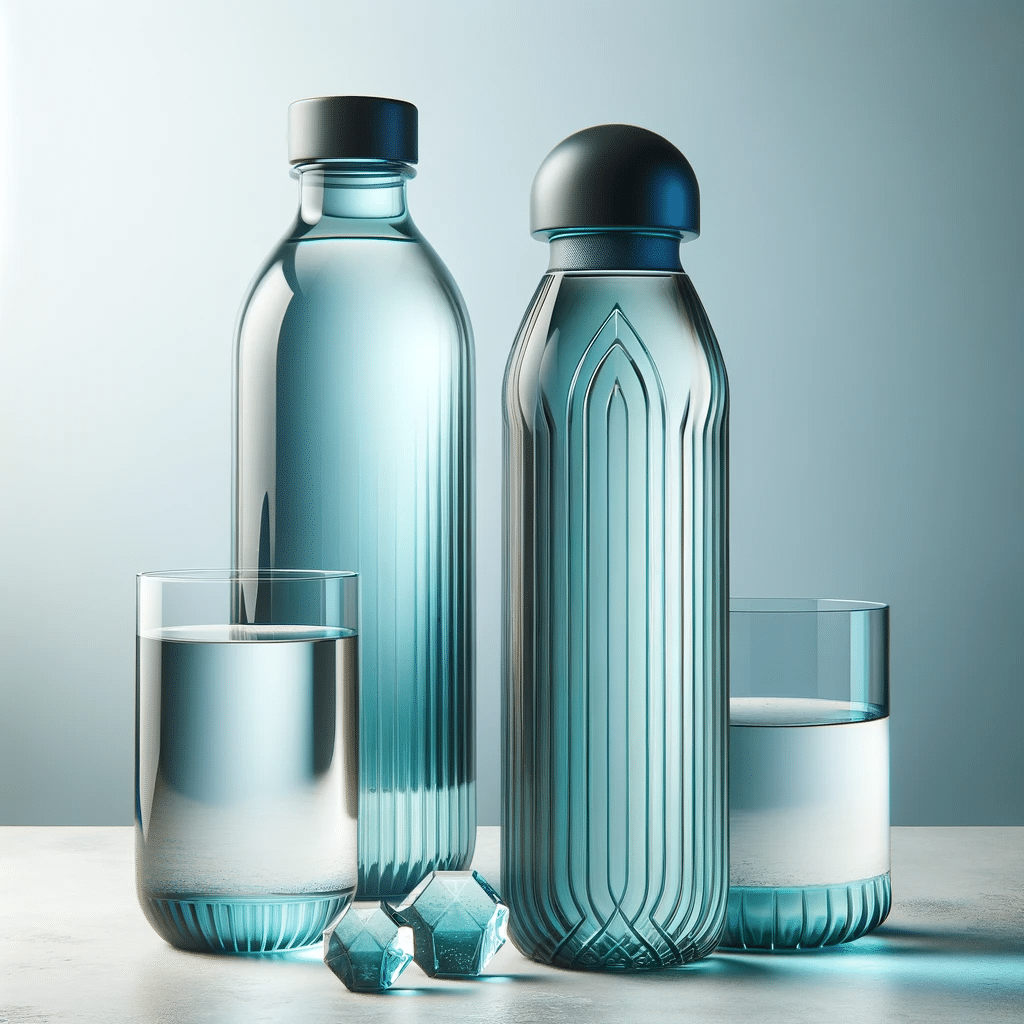 Design an extraordinary and modern image of a water bottle and a glass of water with an emphasis on clean and sophisticated aesthetics. The water bot