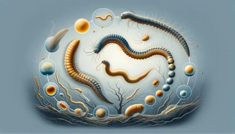 Detailed illustration of the life cycle of Ascaris lumbricoides. The image should depict each stage of the parasite's life, from egg to adult worm, h