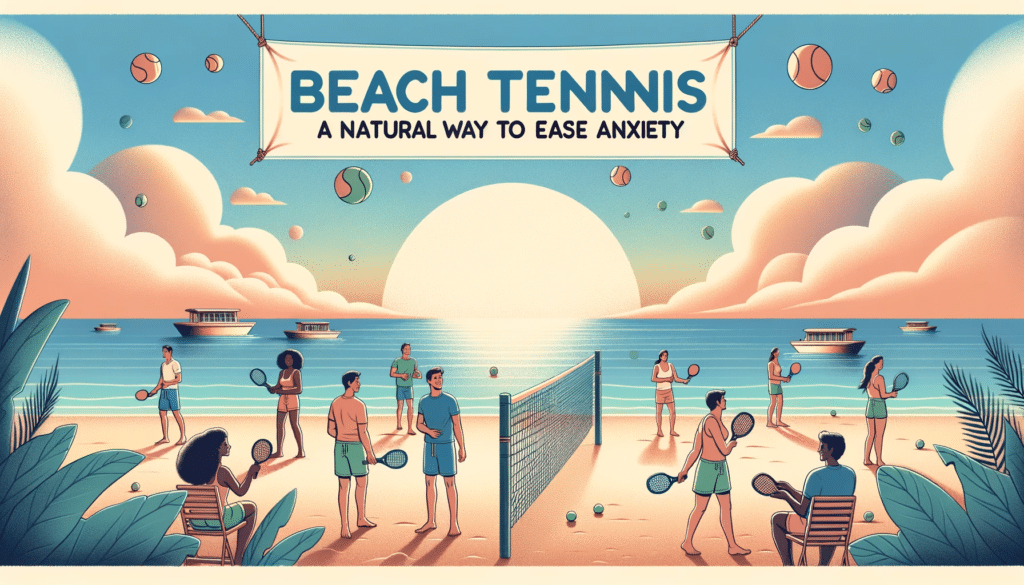 Digital illustration of a tranquil beach tennis setting focusing on alleviating anxiety. The scene includes a calming sunset over the ocean with a so