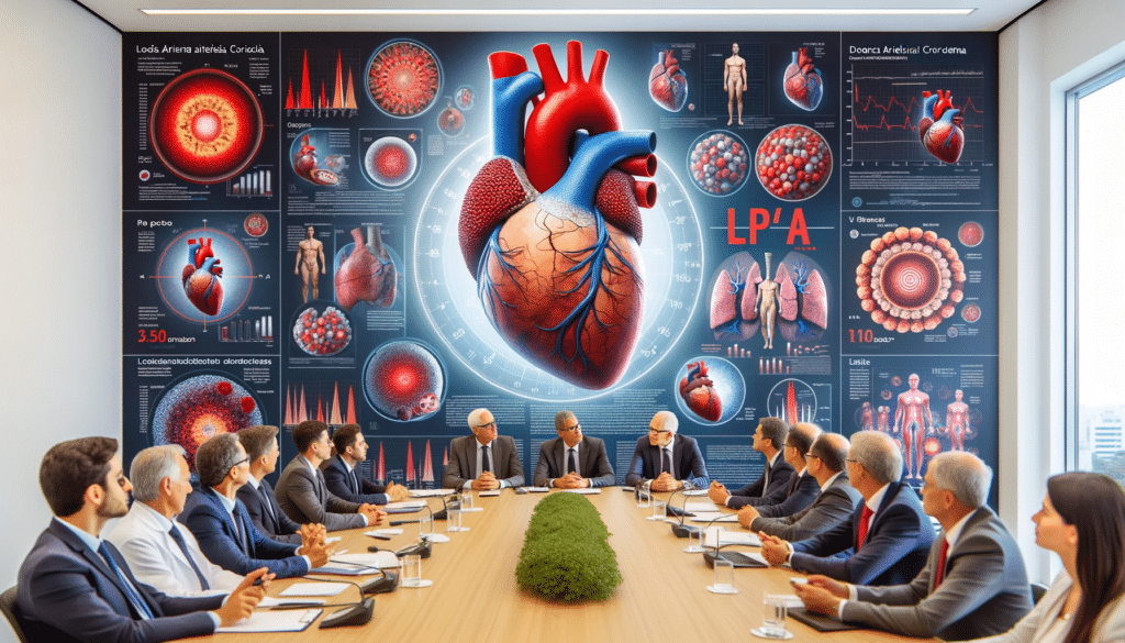 Foto de uma sala de conferências com um grupo diverso de médicos cardiologistas discutindo. No quadro atrás deles, gráficos e imagens mostram informaç