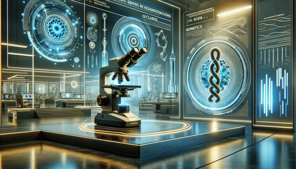 Futuristic image showcasing new technologies and research methods related to Ascaris, including advanced microscopes and genetic research representati