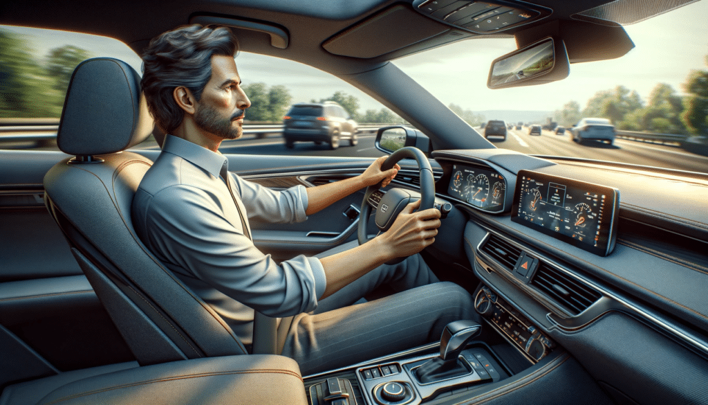 Generate a hyper-realistic image of a man sitting in a driver's seat with a clear view of his posture and the interior details of the car. The man is Generate a hyper-realistic image of a man sitting in a driver's seat with a clear view of his posture and the interior details of the car. The man is