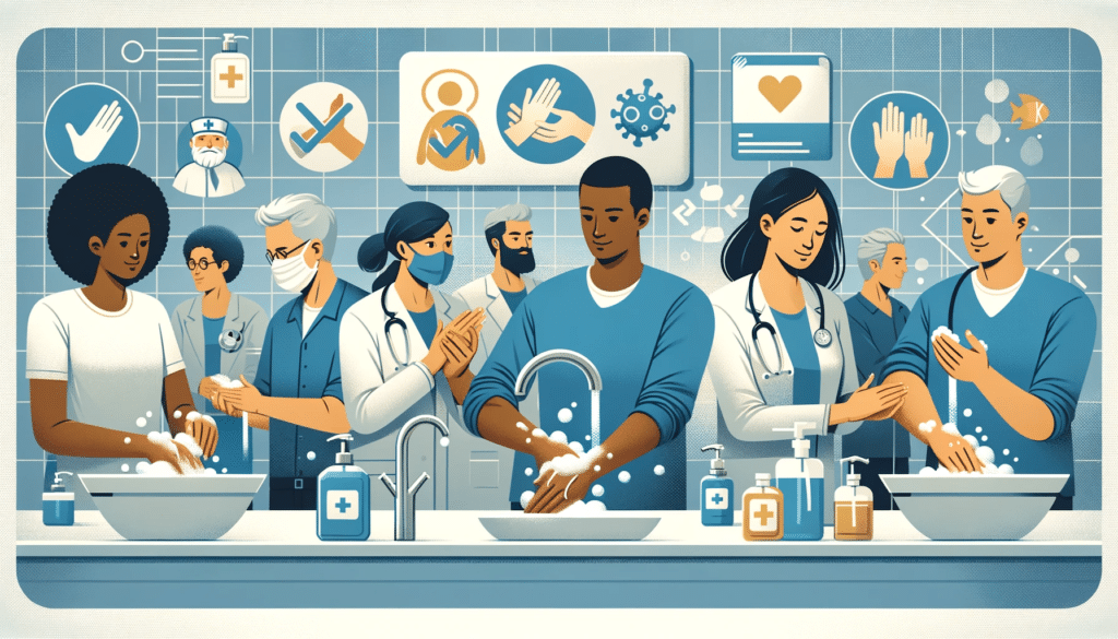 Horizontal image depicting the importance of hand washing. The scene should show diverse individuals of different ethnicities (Caucasian, Latino-Americano
