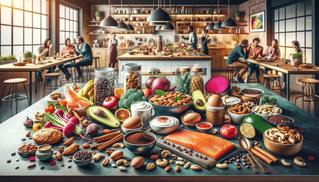 Horizontal image set in a luxurious gourmet kitchen featuring specific nutritious foods for energy. The scene includes vibrant and healthy foods such