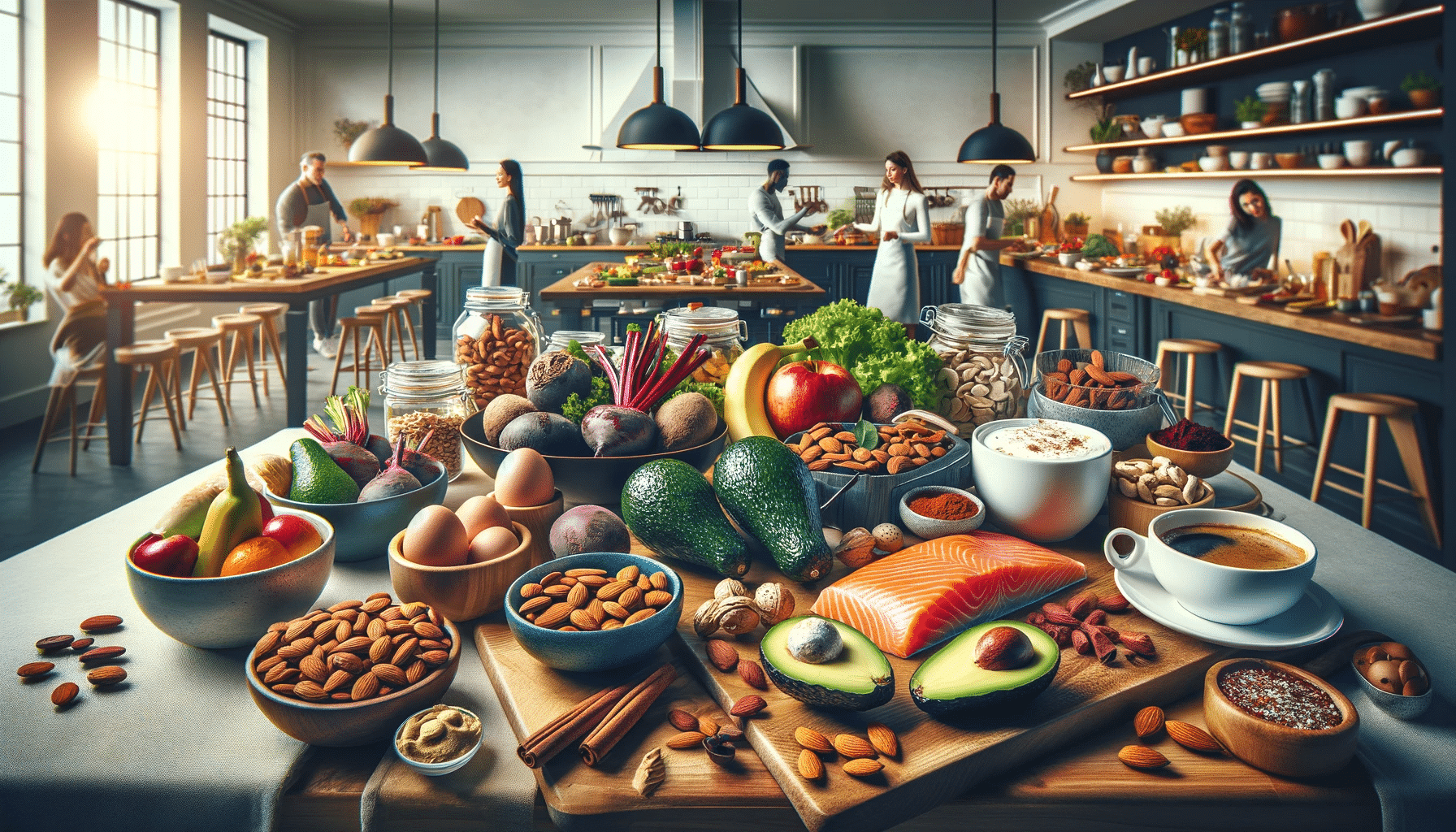 Horizontal image set in a luxurious gourmet kitchen featuring specific nutritious foods for energy. The scene includes vibrant and healthy foods such 2