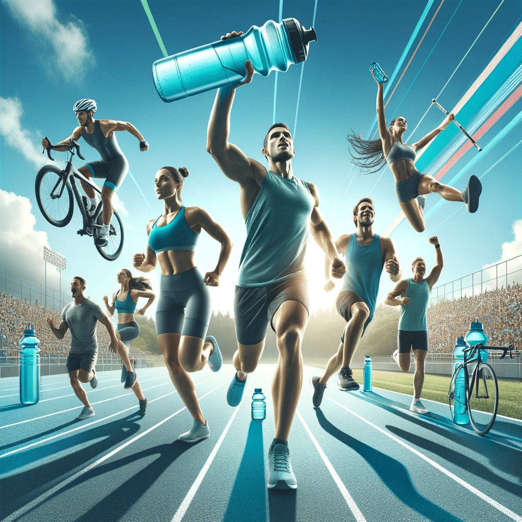 Illustrate a dynamic and inspirational scene that represents hydration for athletes and sports enthusiasts. The image should feature a diverse group o 2