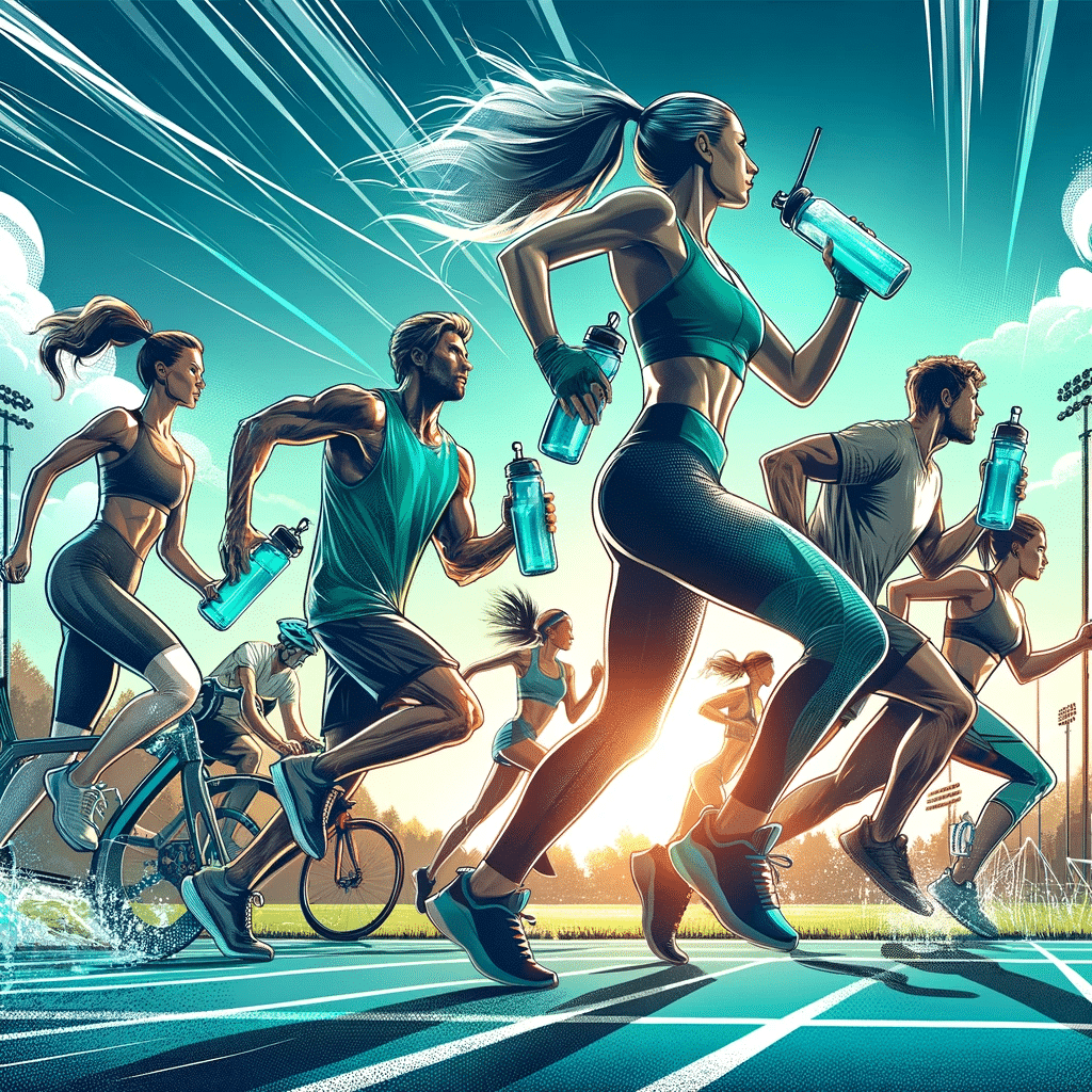 Illustrate a dynamic and inspirational scene that represents hydration for athletes and sports enthusiasts. The image should feature a diverse group o