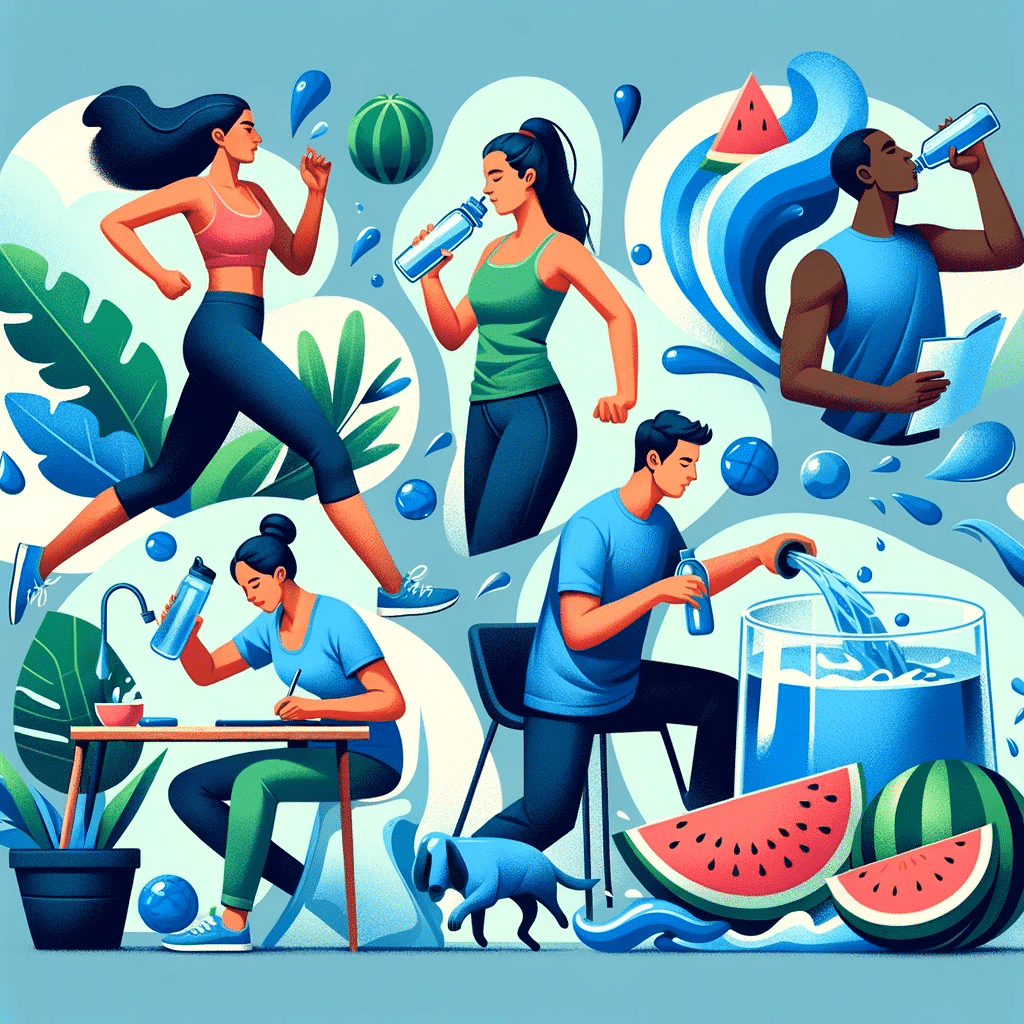 Illustrate the concept of staying hydrated. The image should depict a diverse group of individuals of different descents each engaging in activities t