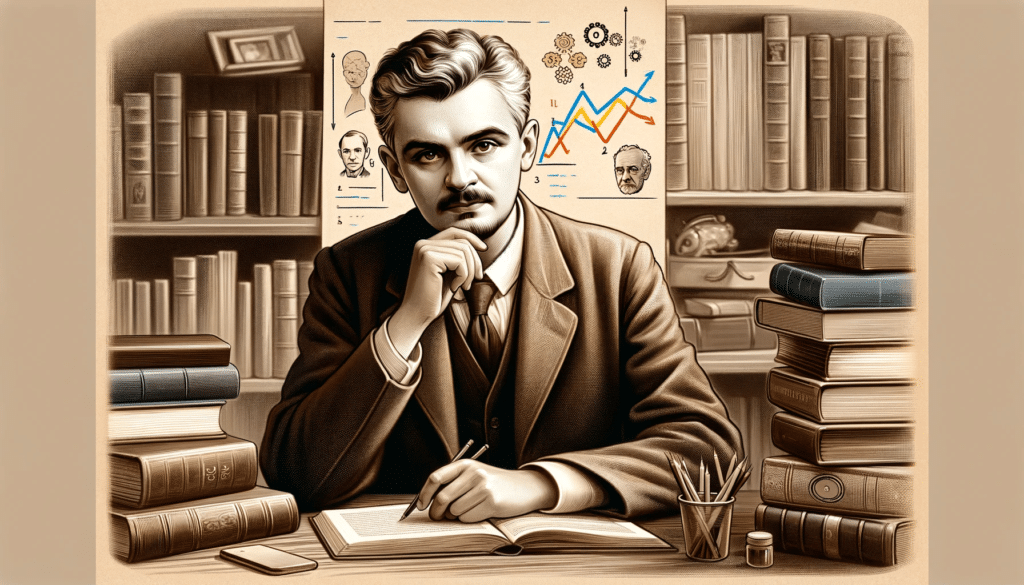 Illustration of Lev Vygotsky, a historic figure in educational psychology, portrayed in a realistic style, engaged in a thoughtful pose, with books an.
