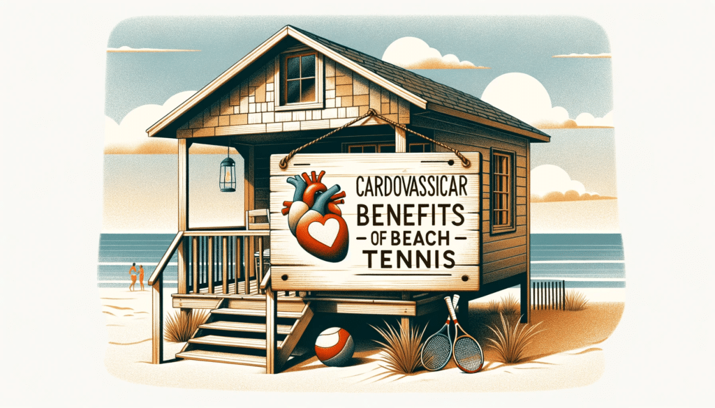 Illustration of a beach house with a rustic wooden sign hanging on the front displaying the words Cardiovascular Benefits of Beach Tennis in a crea