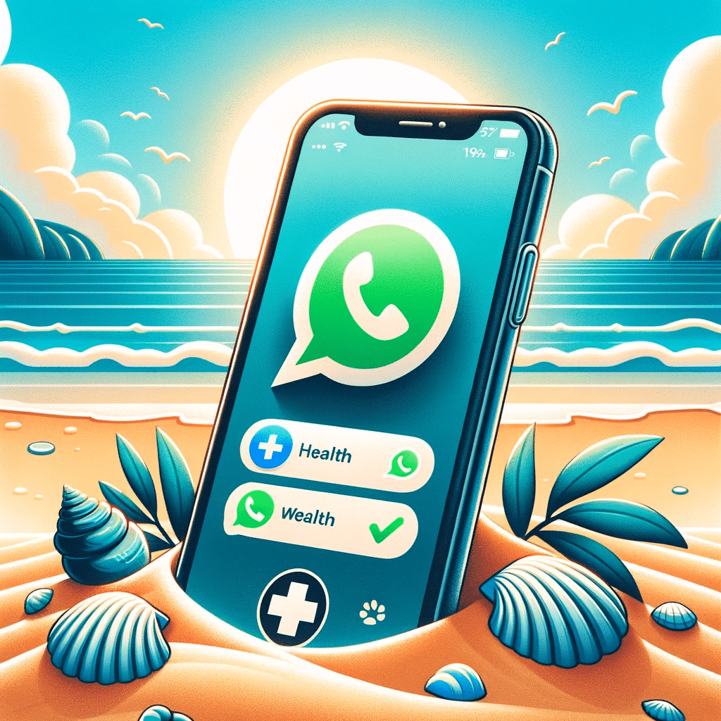 Illustration of a beach setting with a close up of an iPhone displaying a WhatsApp chat. The chat background is a blue shield with a white cross sign
