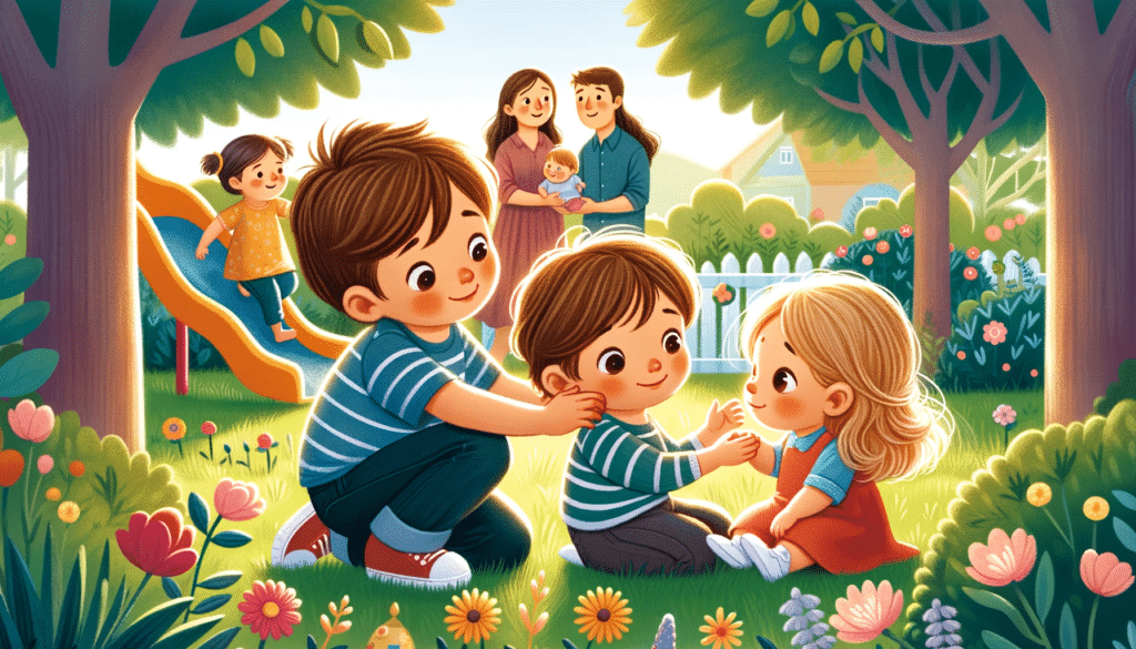 Illustration of a boy named Lucas and his younger sister Lara playing together in a garden. Lucas is shown being protective and caring towards Lara. ciúme infantil