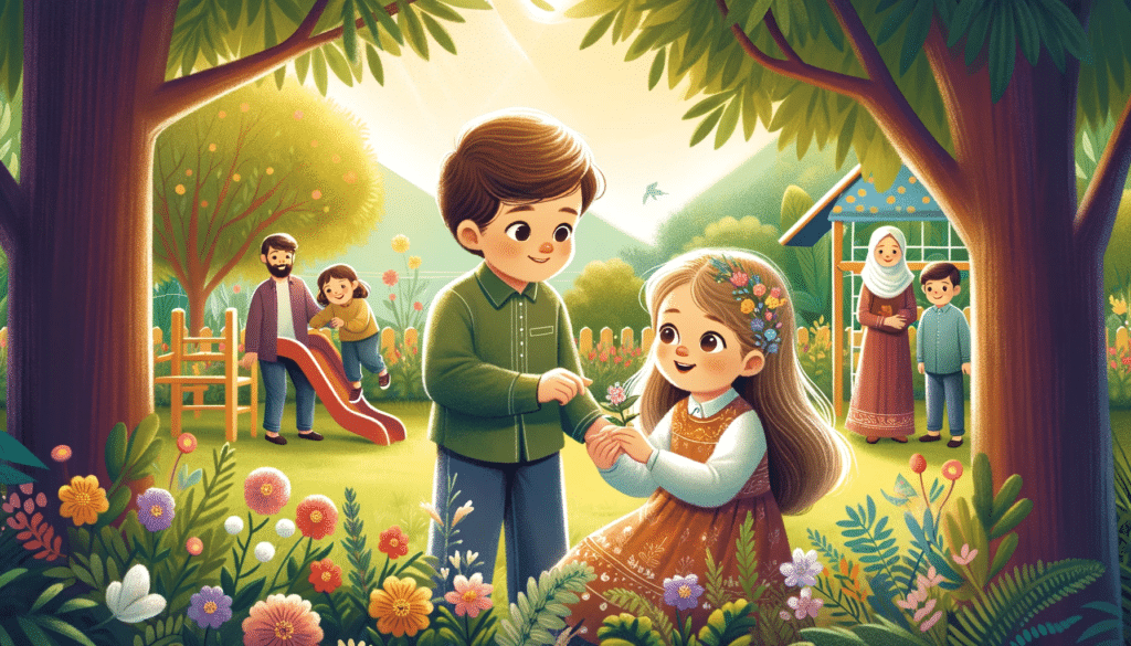 Illustration of a boy named Lucas and his younger sister Lara playing together in a garden. Lucas is shown being protective and caring towards Lara. I.png