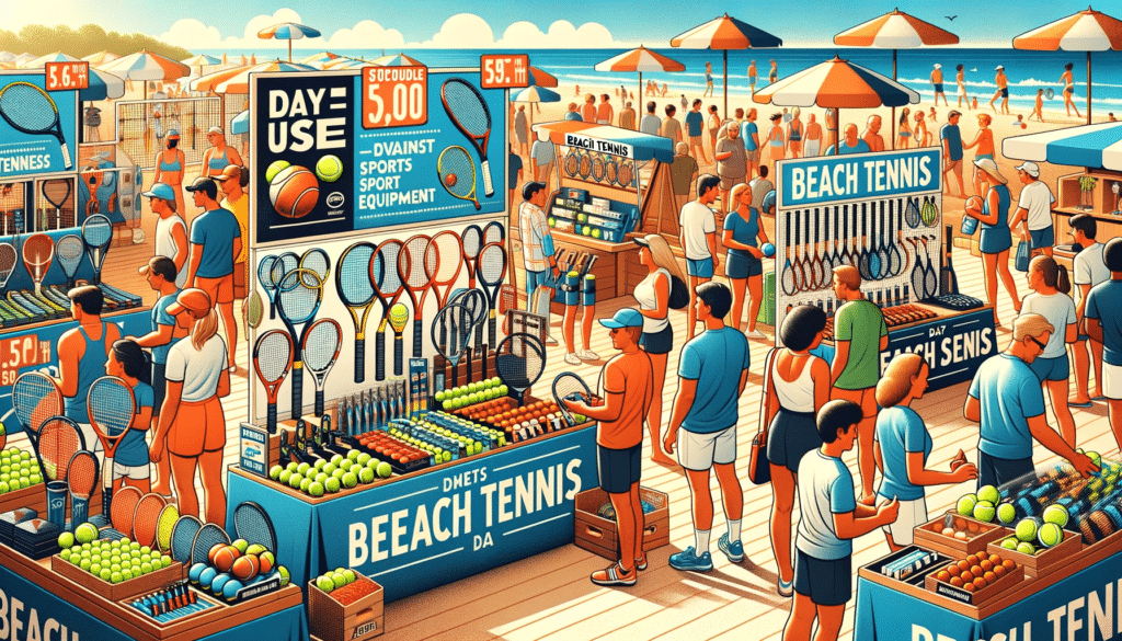 Illustration of a bustling beach tennis equipment fair showcasing stands filled with high quality beach tennis gear like advanced rackets durable te