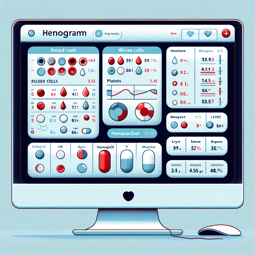 Illustration of a computer screen displaying the results of a hemogram (complete blood count). The screen should show a detailed, organized layout wit