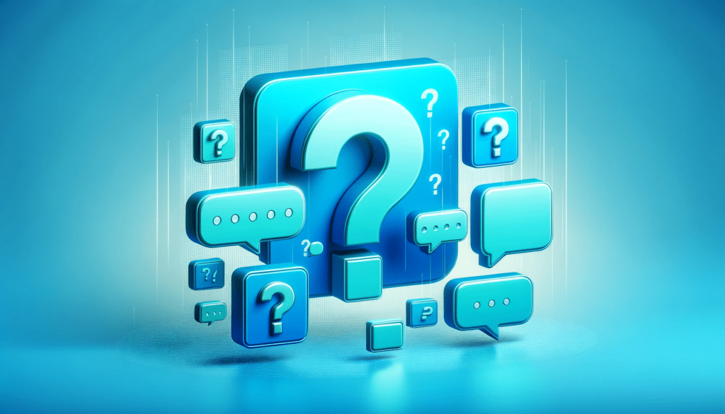 Illustration of a conceptual 3D display in cyan blue, showcasing different frequently asked questions icons (such as oversized question marks and spee