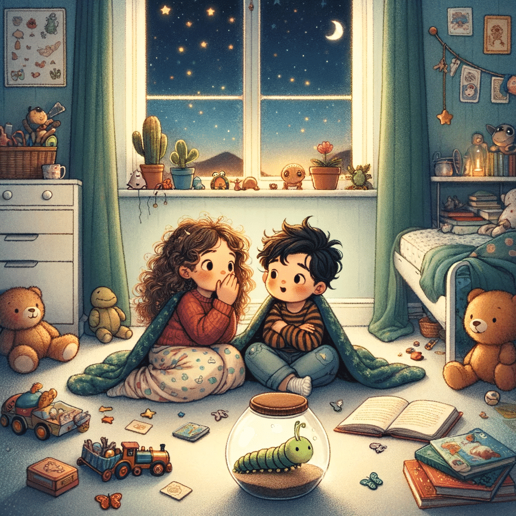 Illustration of a girl named Sofia with curly hair and a boy named Gabriel with short hair, sitting on the floor of their bedroom surrounded by a dive