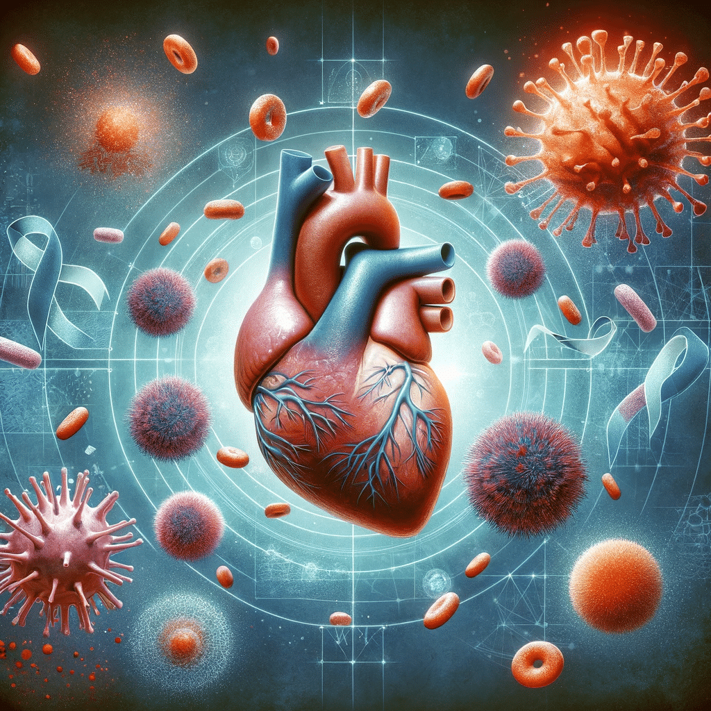 Illustration of a heart in an environment suggesting autoimmune diseases. The heart should be central in the image, depicted as affected by an autoimm