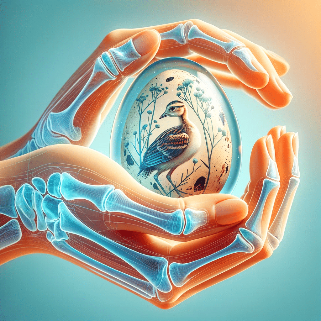 Illustration of a human hand holding a quail egg with a translucent overlay showing healthy bone structure set against a background color of ciano RG