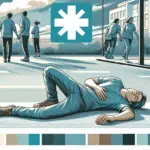 Illustration of a person who has fainted due to ventricular tachycardia lying on the ground in a safe position. The person is of mixed Caucasian Lat
