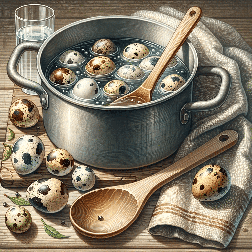 Illustration of a rustic kitchen setting featuring a pot filled with boiling water and quail eggs, with a wooden spoon resting on the side and a dish