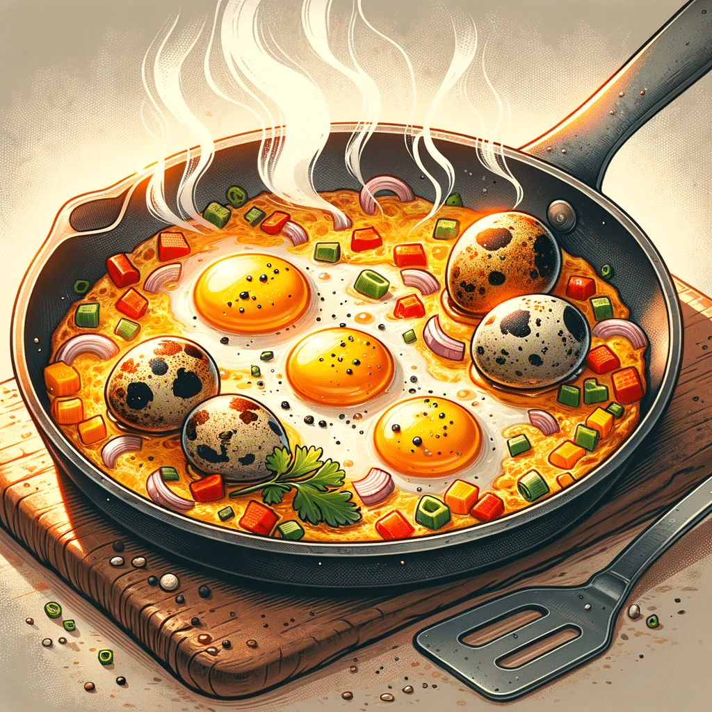 Illustration of a skillet with a golden-brown quail egg omelette, filled with diced vegetables like bell peppers and onions, steam rising from the hot