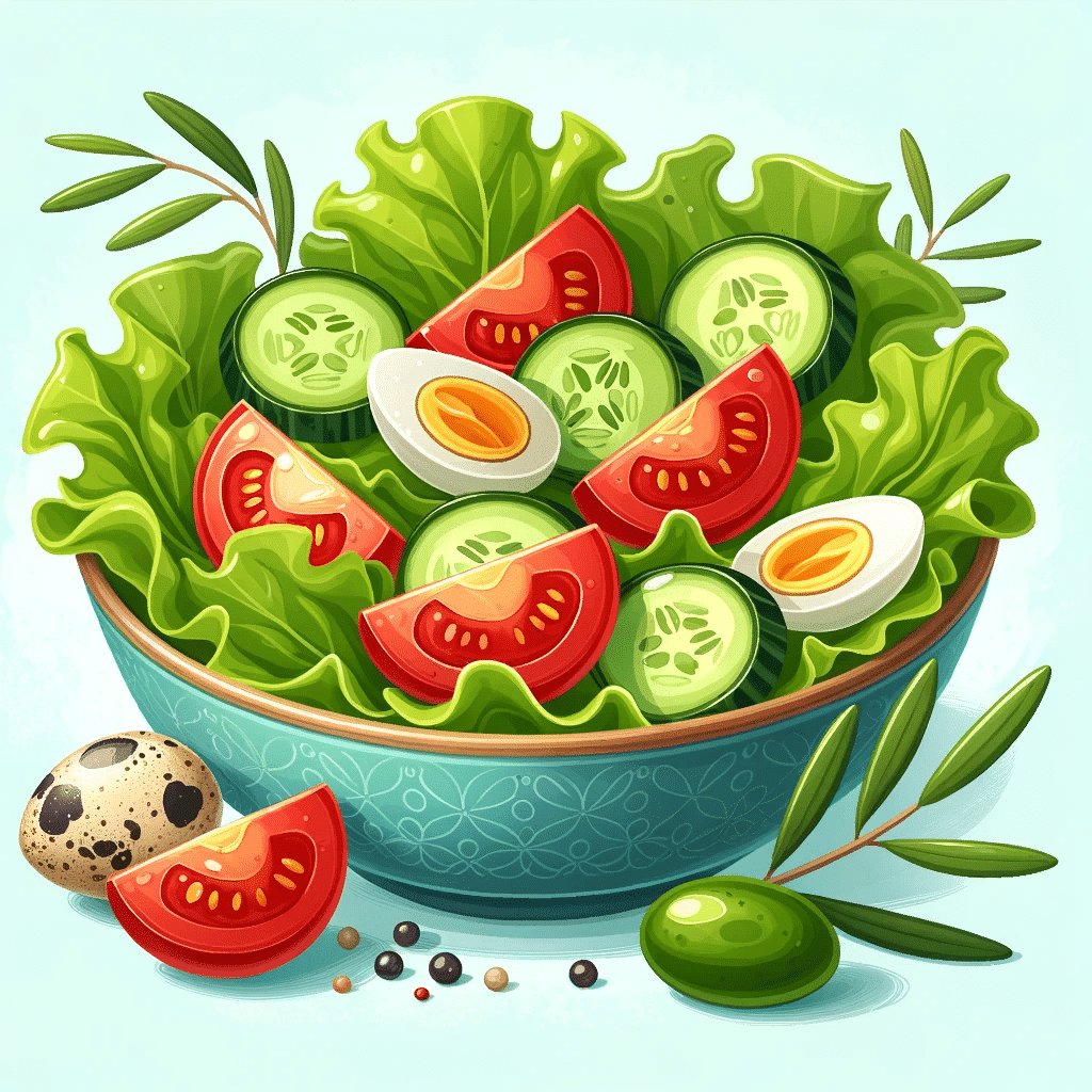 Illustration of a vibrant salad bowl featuring green lettuce leaves, bright red tomato slices, crisp cucumber rounds, and quail eggs, all glistening w