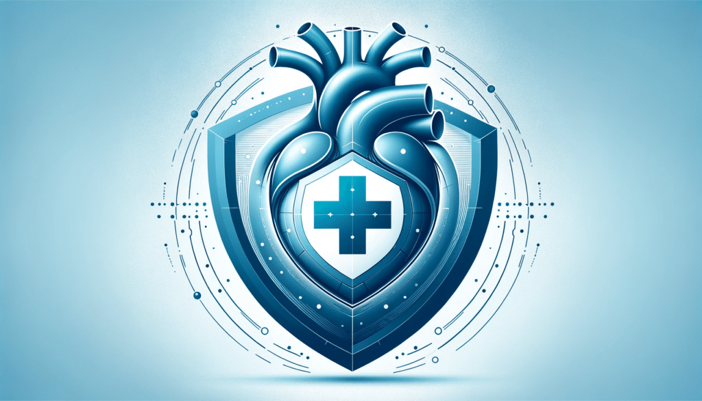 Illustration of an abstract anatomical heart design integrated with a blue shield symbol featuring three convexities and a central cross representing
