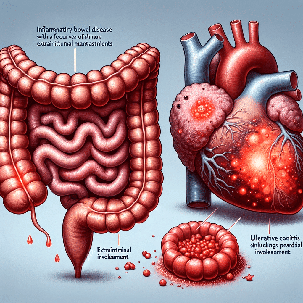 Illustration representing Inflammatory Bowel Disease with a focus on extraintestinal manifestations, including pericardial involvement. The image shou.