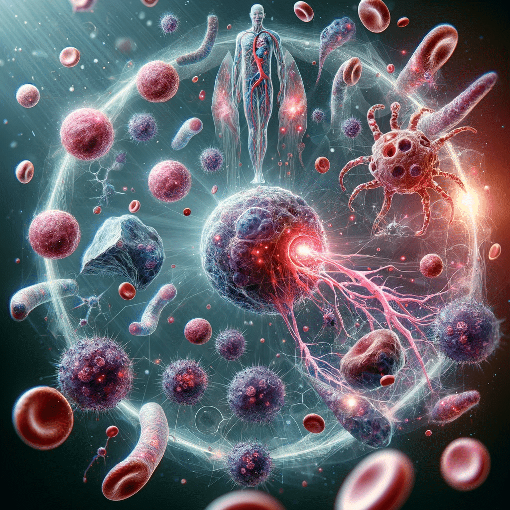 Illustration representing metastatic neoplasms. The image should depict an abstract representation of cancer cells spreading from one primary location