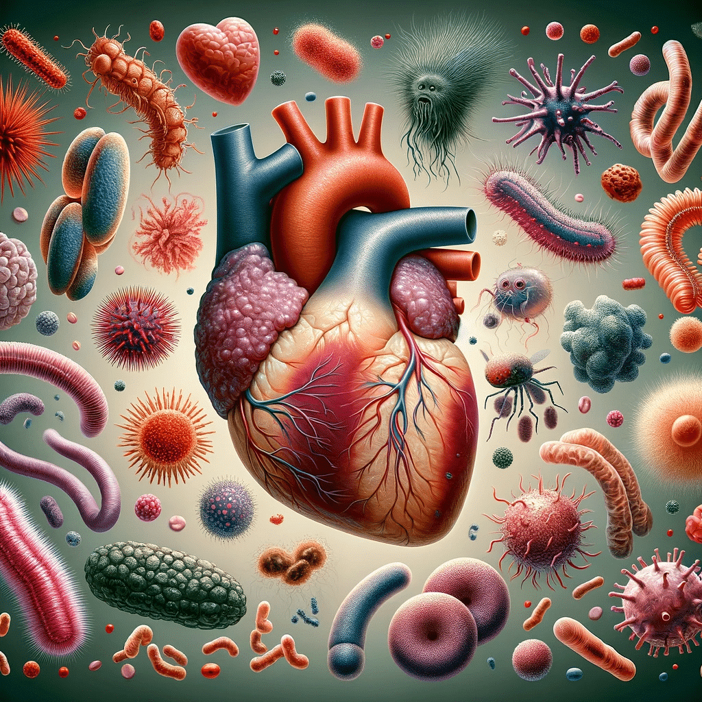 Illustration showing a variety of microorganisms, including viruses, bacteria, fungi, and parasites, surrounding and attacking a heart's pericardium, .pn
