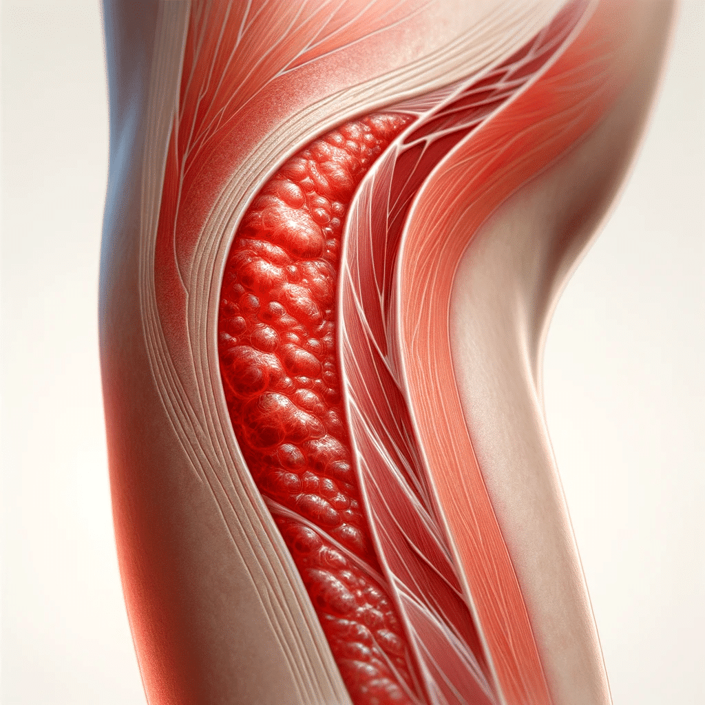 Ilustration showing an inflamed area in the human body, focusing on the redness and swelling typically associated with inflammation. The image should - Anti-inflamatórios Explicados