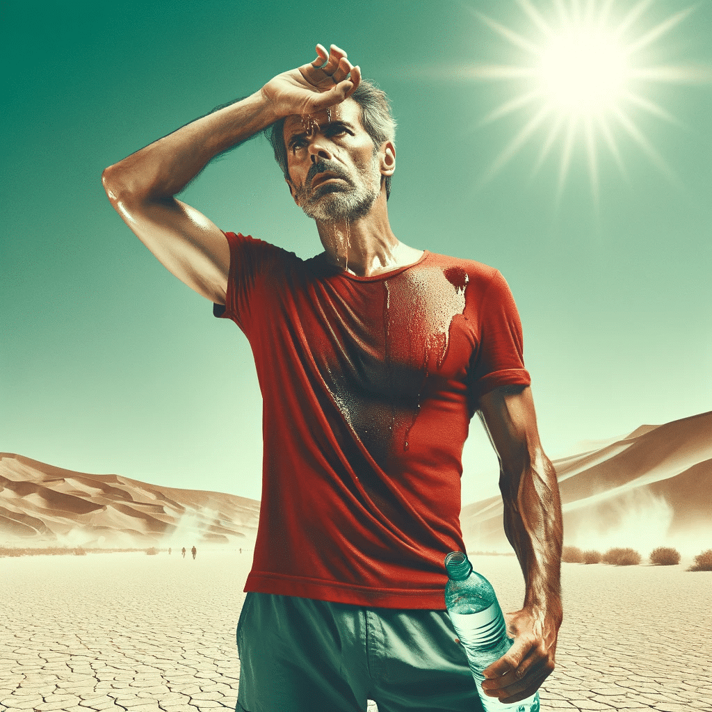 Image of a middle aged person of Hispanic descent wearing a red t shirt and shorts looking exhausted and wiping sweat from their forehead with one h 2