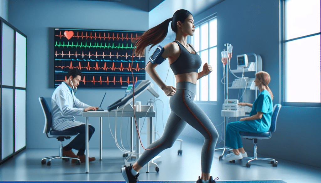 "Mulher asiática correndo em esteira com eletrodos durante teste cardíaco em consultório médico."