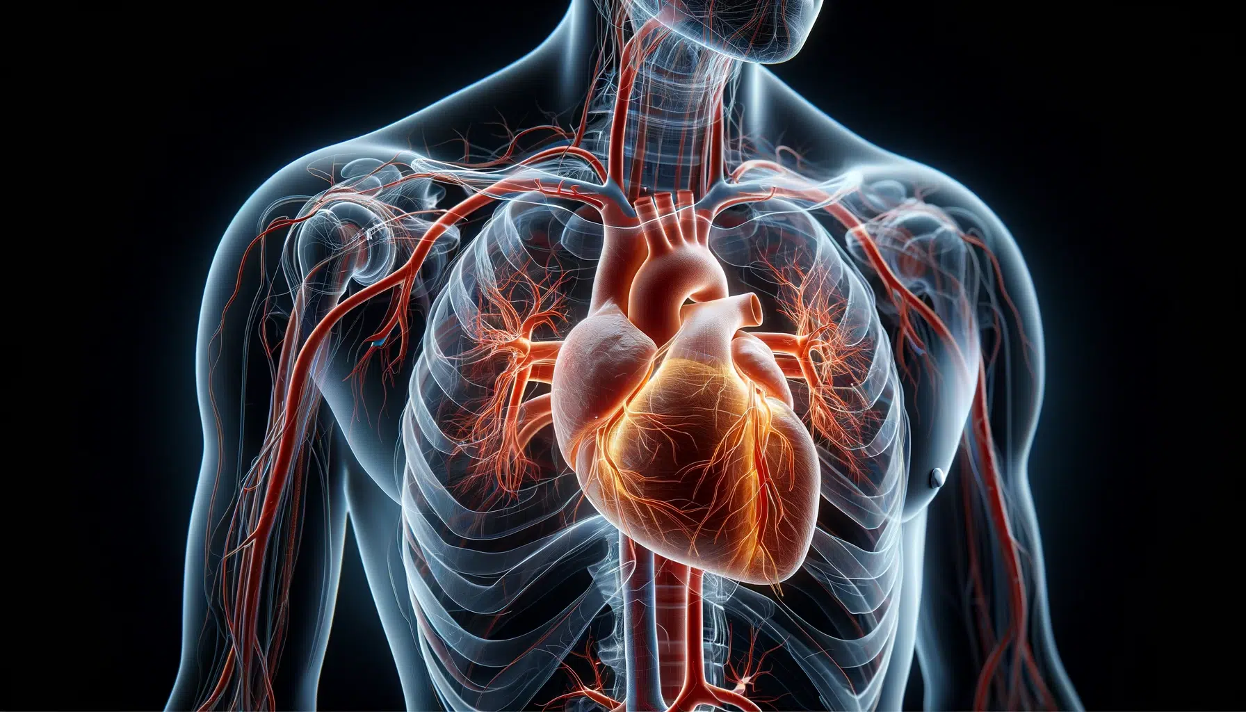 O coração é destacado dentro do corpo transparente, com ênfase na válvula mitral defeituosa e na regurgitação do sangue. A transparência do corpo proporciona uma visão clara do coração e da condição cardíaca, com cores realistas e detalhes precisos que realçam a complexidade da insuficiência mitral. O fundo neutro mantém o foco na representação do coração.