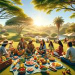 Imagem horizontal e realista de um piquenique sob o sol em um dia lindo. A cena deve incluir um grupo de pessoas, representando uma mistura de etnias .