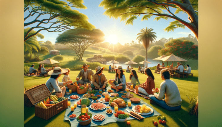 Imagem horizontal e realista de um piquenique sob o sol em um dia lindo. A cena deve incluir um grupo de pessoas, representando uma mistura de etnias .