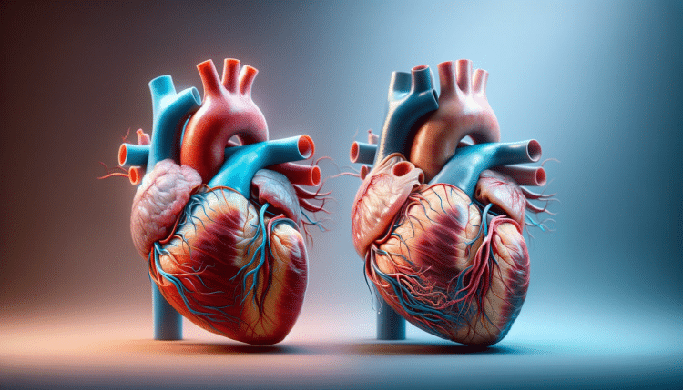 comparação entre um coração humano saudável e outro com insuficiência mitral. À esquerda, o coração com uma válvula mitral saudável é retratado com cores vivas e detalhes precisos. À direita, o coração com insuficiência mitral destaca a válvula mitral defeituosa e a regurgitação do sangue.