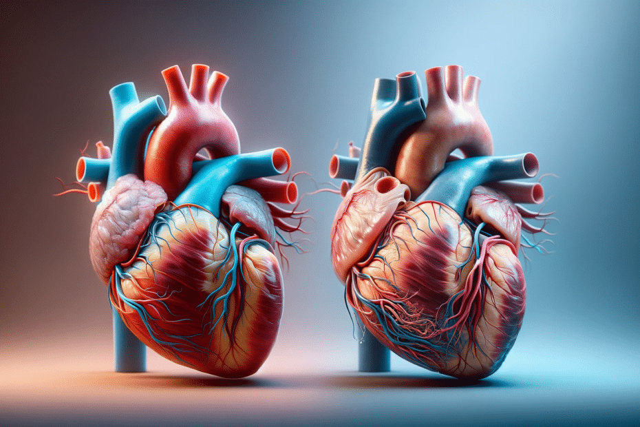 comparação entre um coração humano saudável e outro com insuficiência mitral. À esquerda, o coração com uma válvula mitral saudável é retratado com cores vivas e detalhes precisos. À direita, o coração com insuficiência mitral destaca a válvula mitral defeituosa e a regurgitação do sangue.