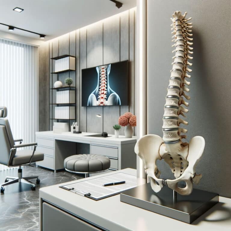 consultório de um ortopedista que trata dores nas costas, com uma esculttura em 3d de uma coluna vertebral