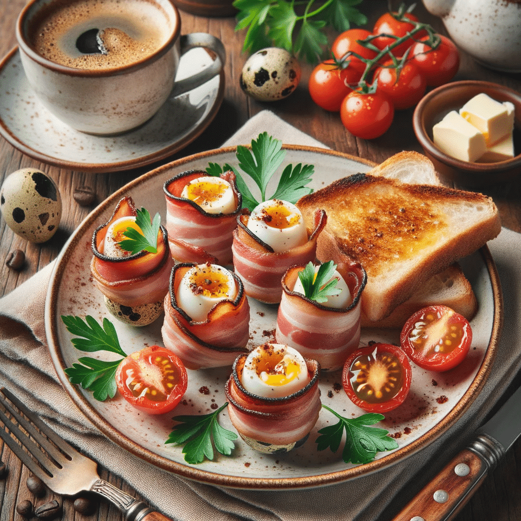 Photo of a breakfast plate with boiled quail eggs wrapped in crispy bacon strips, served with fresh parsley and cherry tomatoes on the side, set on a