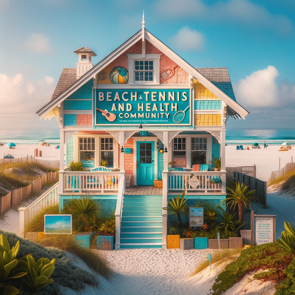 Photo of a charming beach house painted in bright pastel colors under a sunny clear blue sky. The house is set against a backdrop of soft sandy b