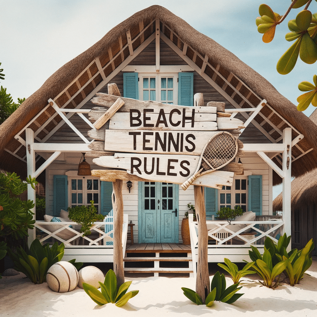 Photo of a charming beach house with a large wooden sign prominently displayed in front. The sign crafted from driftwood reads Beach Tennis Rules