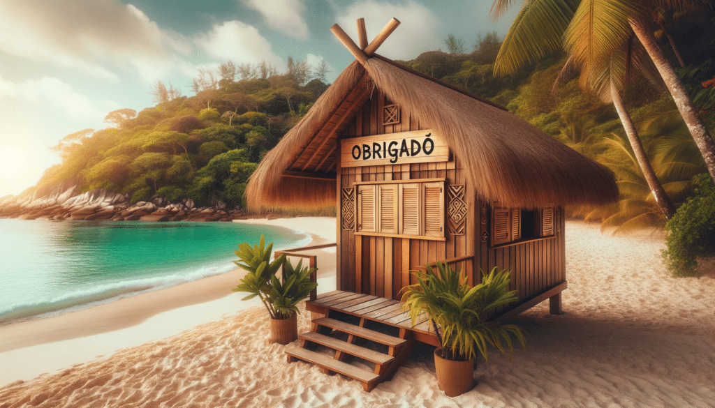 Photo of a charming beach hut on a paradisiacal beach with the word Obrigado artistically written across its wooden facade. The hut is nestled amon